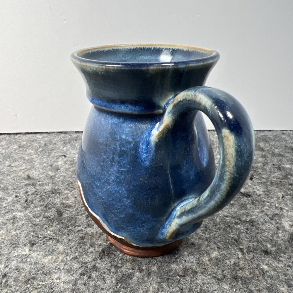Studio Pottery Belly Coffee Mug Blue Drip Glaze Brown Carved Signed By KERRY IC - Picture 2 of 12